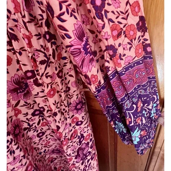 NWT R Vioimas Boho Puff Longsleeve Floral Print Maxi Dress Womens L Pink Purple - Picture 5 of 10